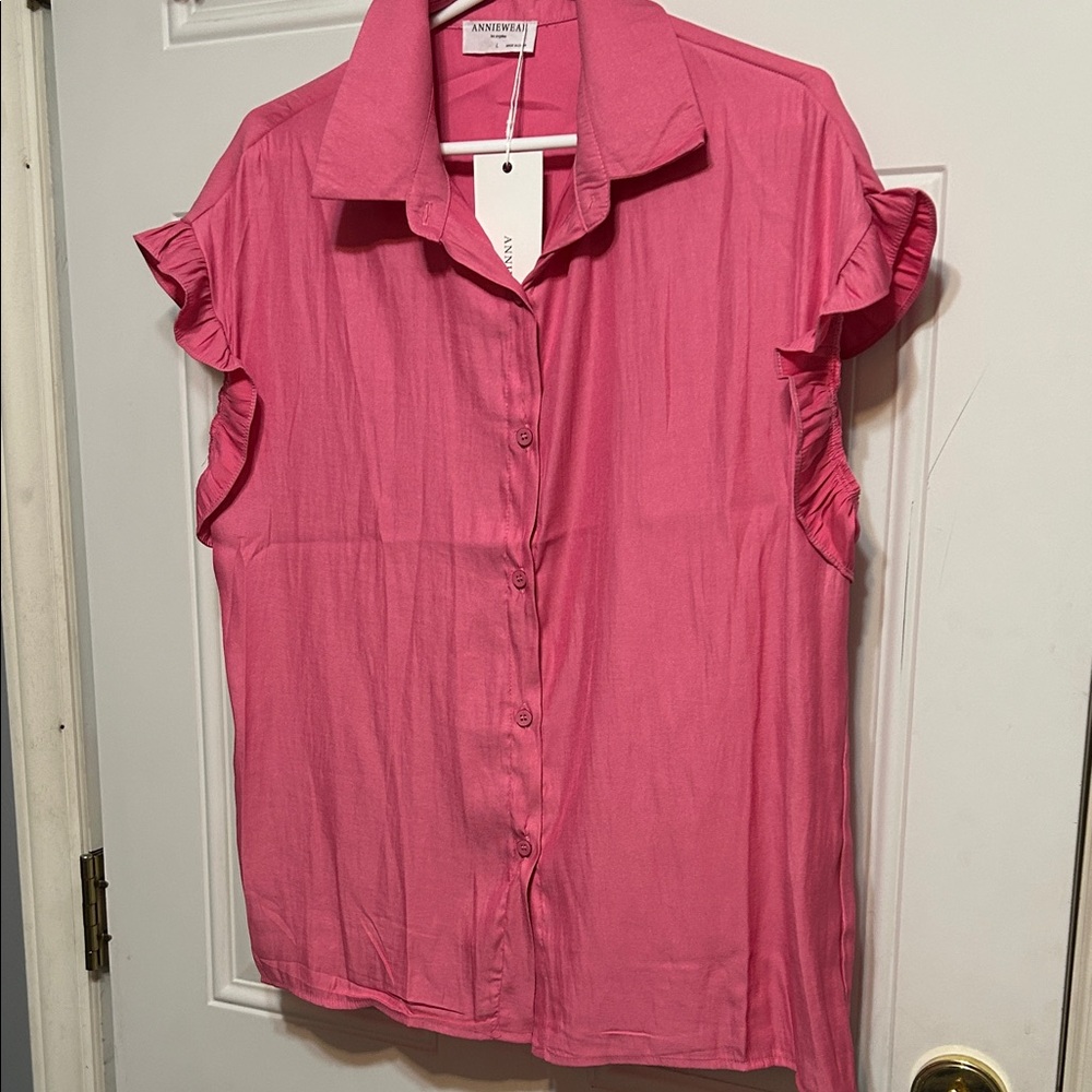Ann Taylor Pink Ruffle Sleeve Button Down Shirt